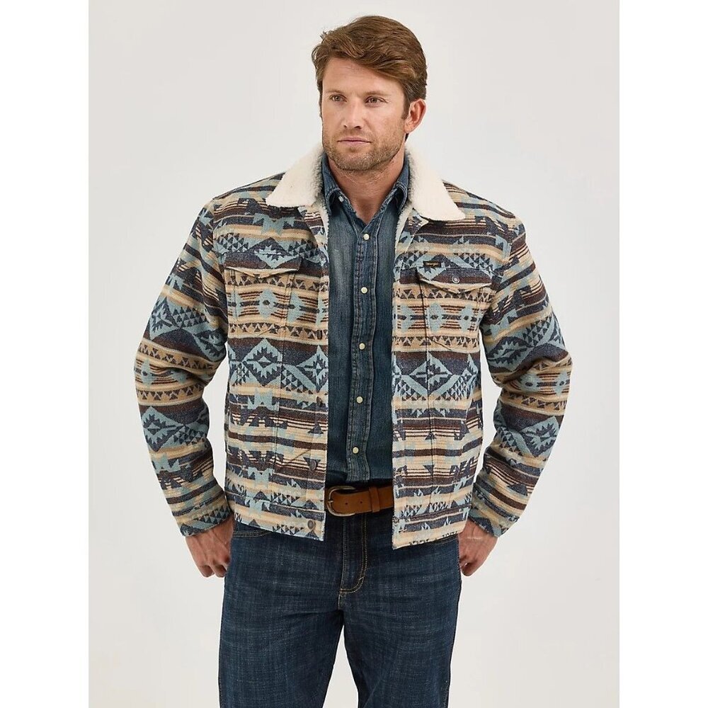 Wrangler Men's Sherpa Lined Aztec Print Button Jacket Coat Dark Sapphire 1123682